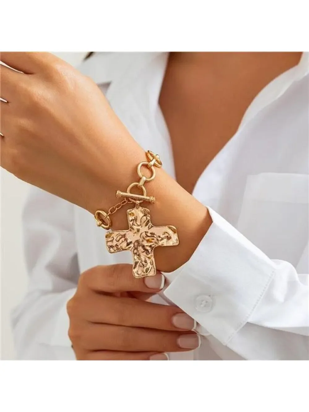 Chunky Big Hammered Cross Bracelets Trendy Statement Faith Chain Bracelet